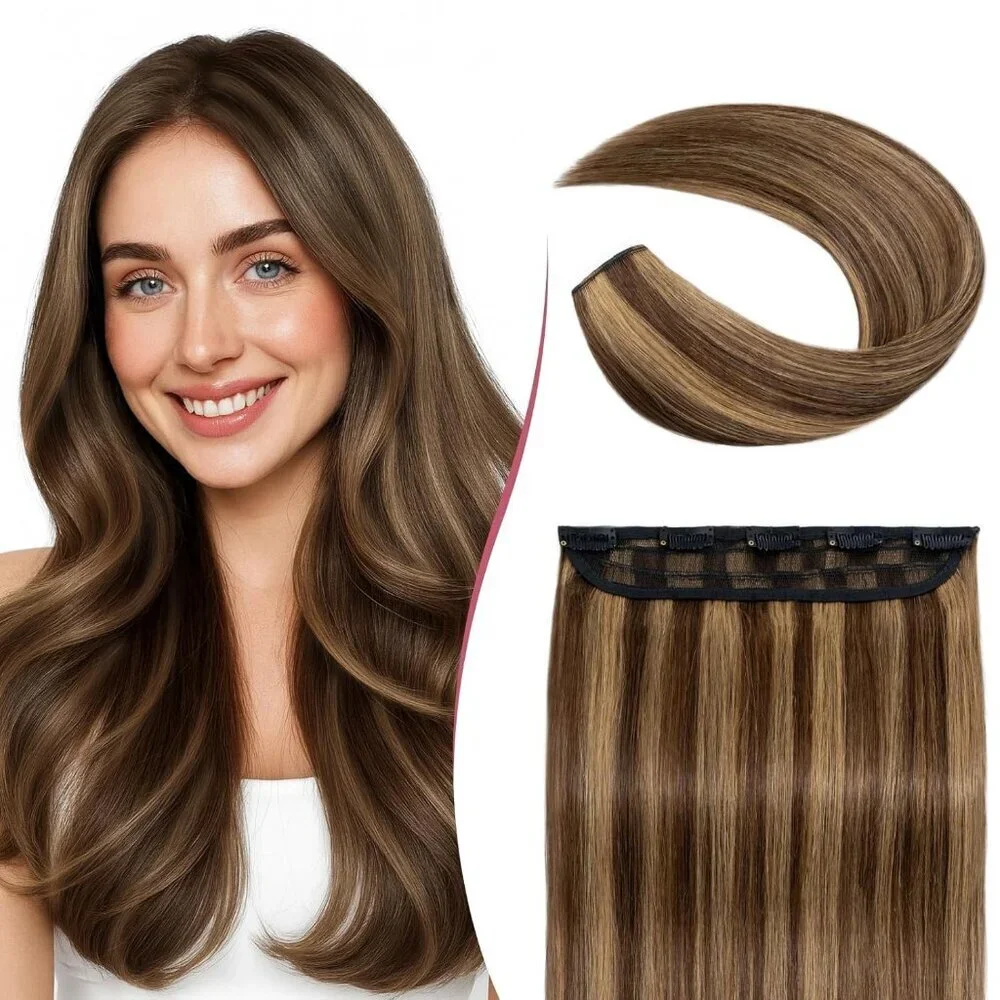Clip In Hair Extensions Human Hair 8 Inches Medium Brown Dark Blonde Voluminous